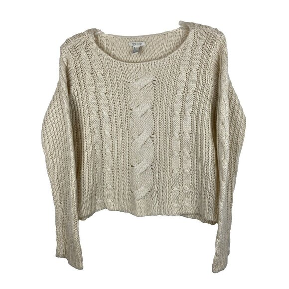 FOREVER 21 Womens Junior Sweater Sz L Cableknit Cropped cozy Cream Large - Picture 1 of 6